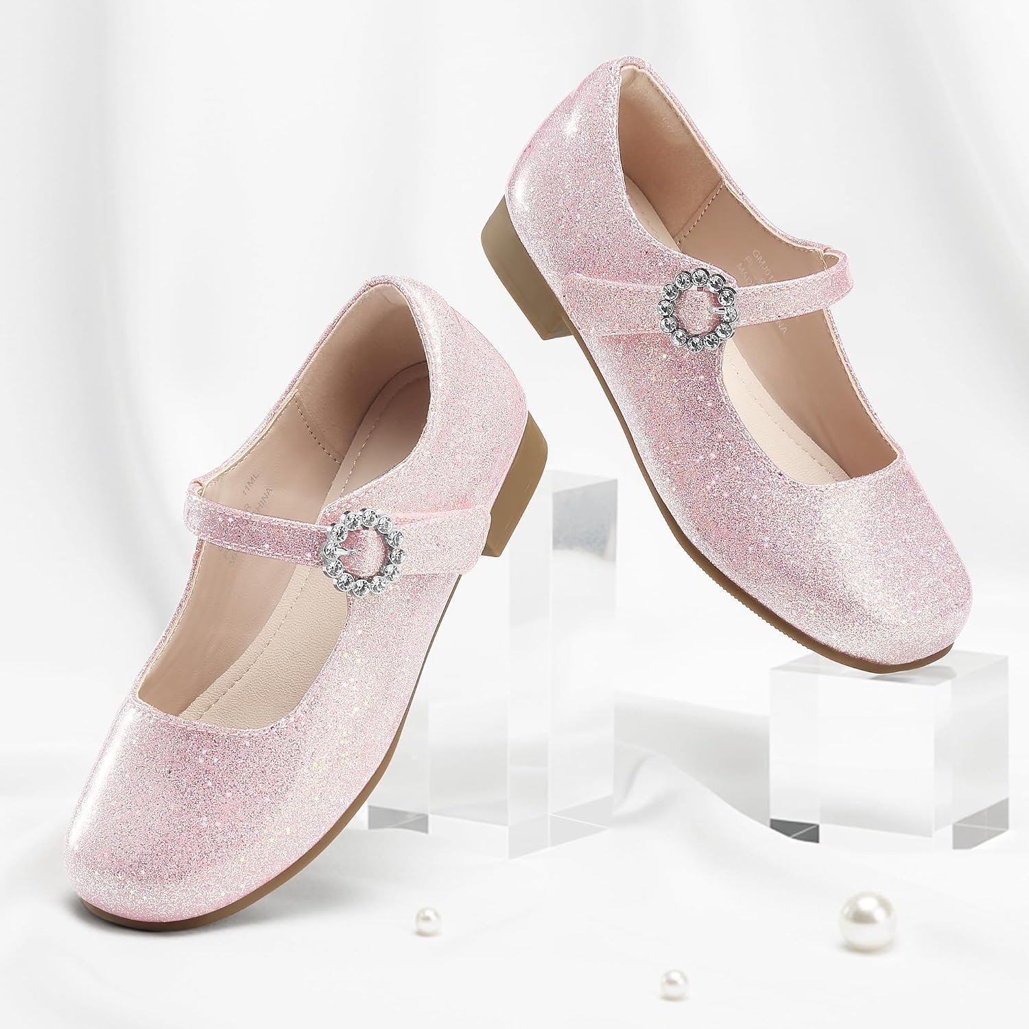 Stelle Girls Dress Shoes Rhinestone Buckle Mary Janes for School Wedding | Sparkle buckle detail, Hook-and-loop closure, Cushioned comfort, Flexible sole, Flower girl, Party, Flats, Low heels(Blush Glimmer)