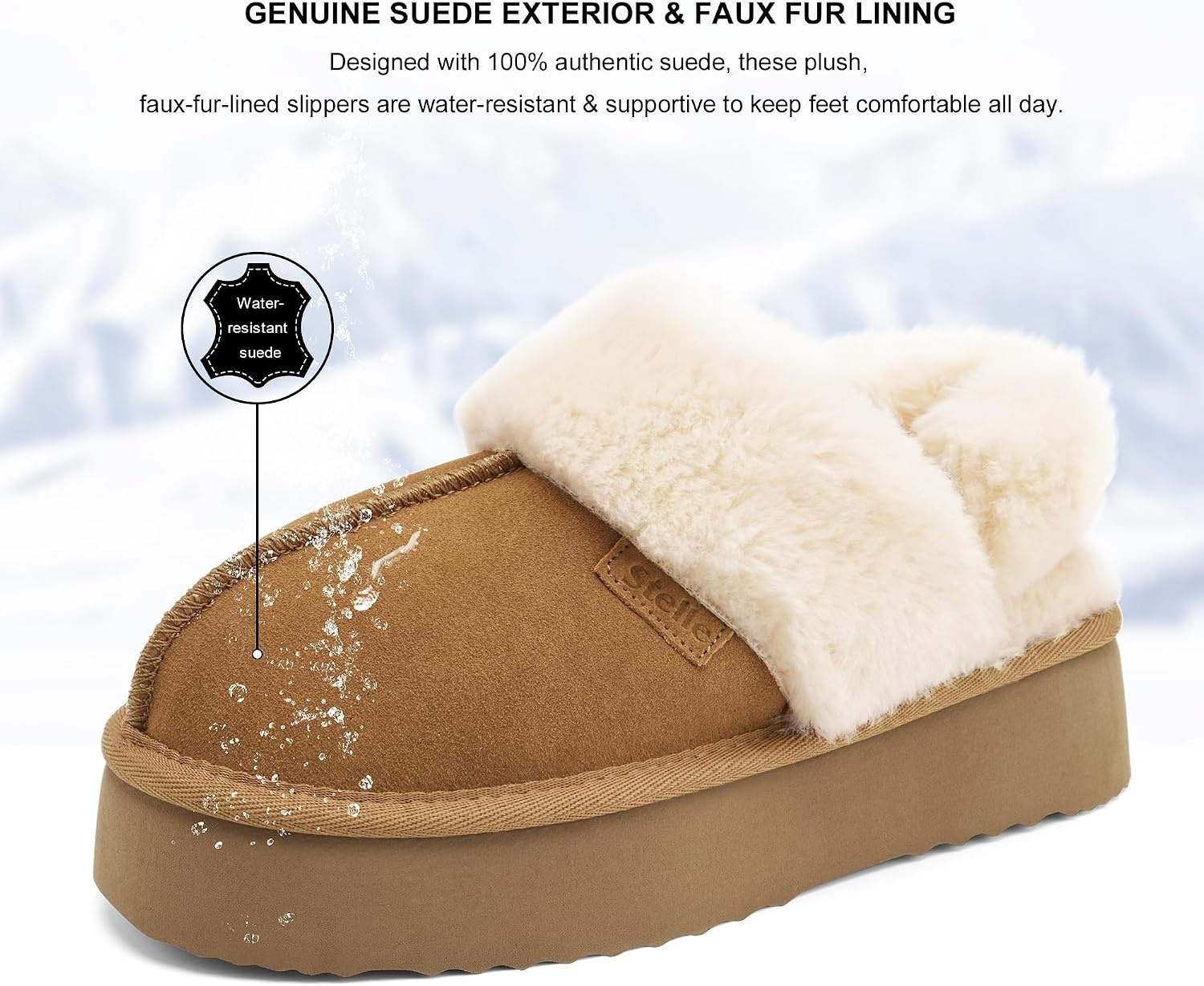 Stelle Genuine Suede Platform Slippers for Women Removable Backstrap Memory Foam Indoor Outdoor Water-Resistant(Chestnut)