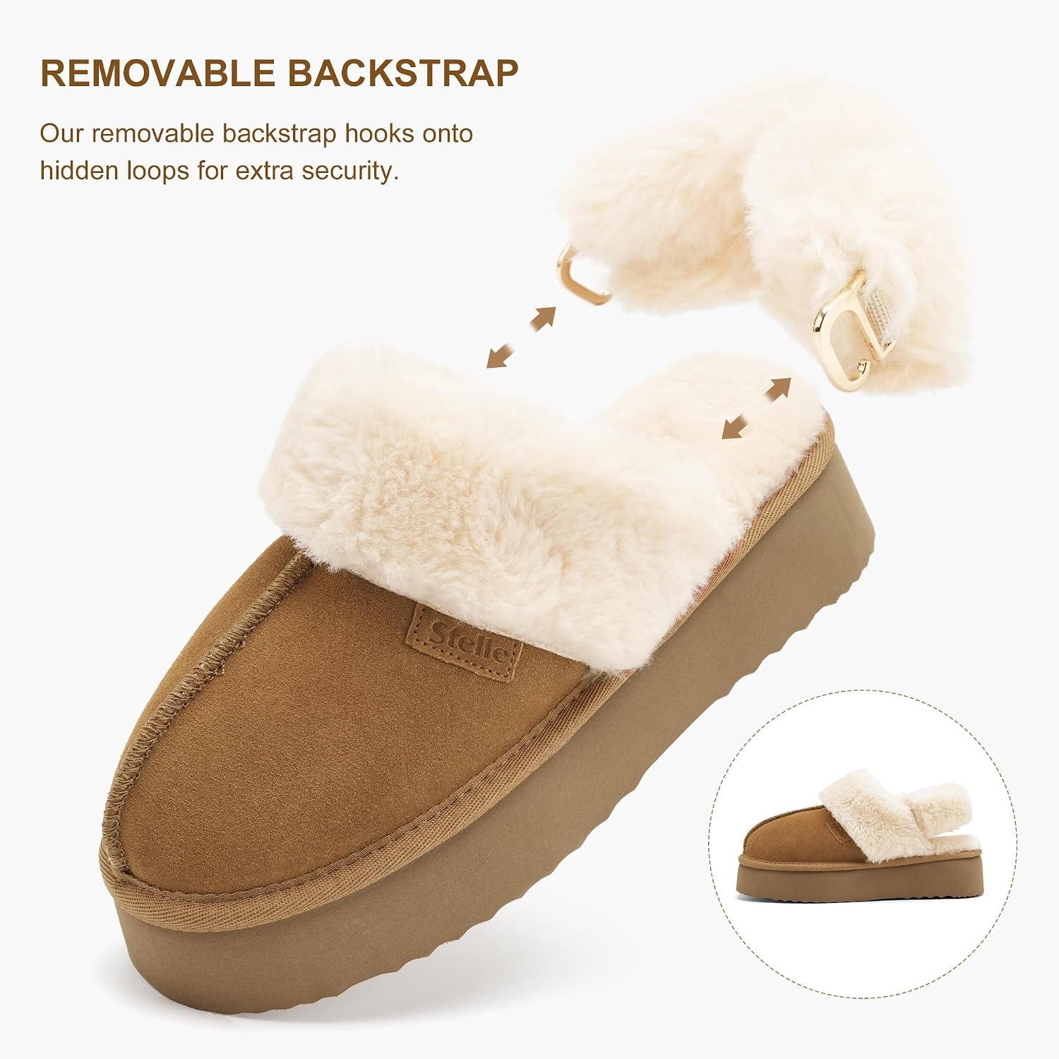 Stelle Genuine Suede Platform Slippers for Women Removable Backstrap Memory Foam Indoor Outdoor Water-Resistant(Chestnut)