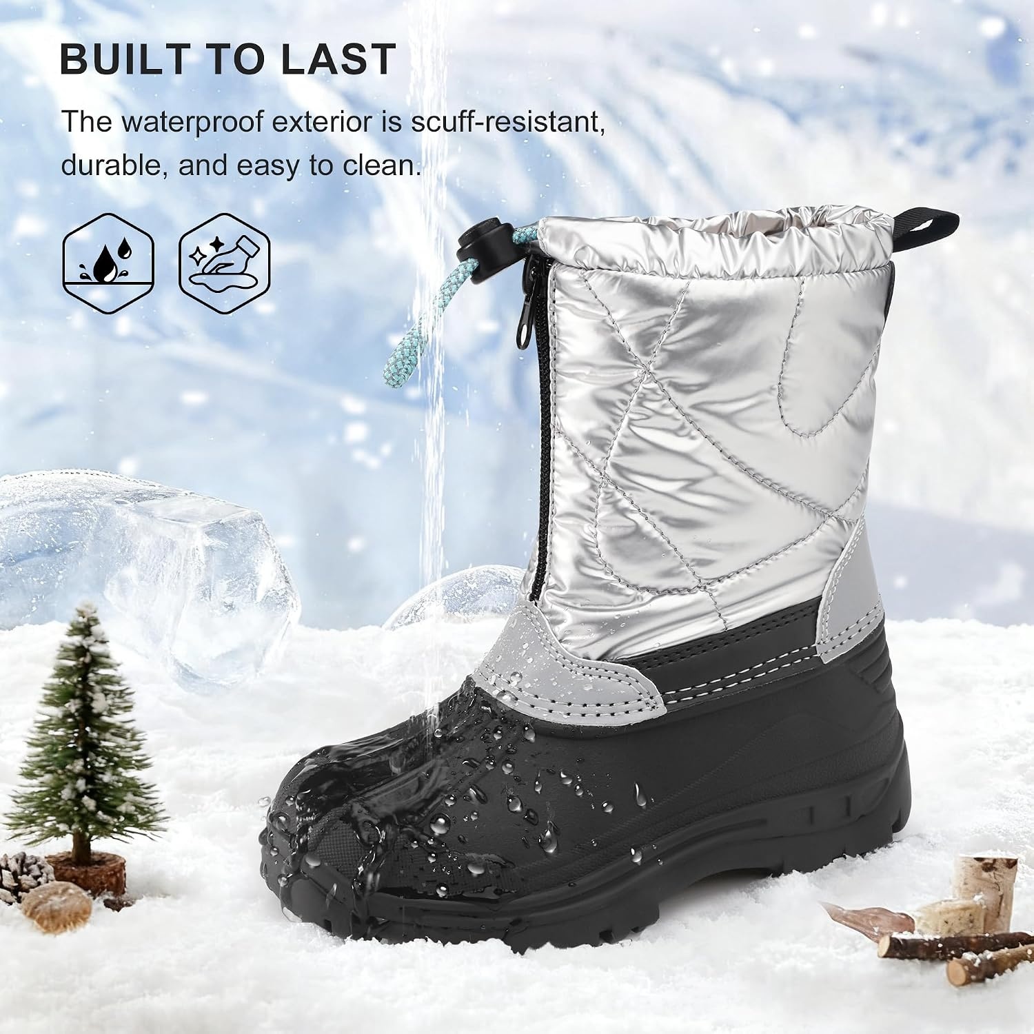 Stelle Boys Girls Snow Boots for Toddler Kids Winter Outdoor Non Slip Waterproof Mid Calf Warm Shoes with Fur Lined(Silver)