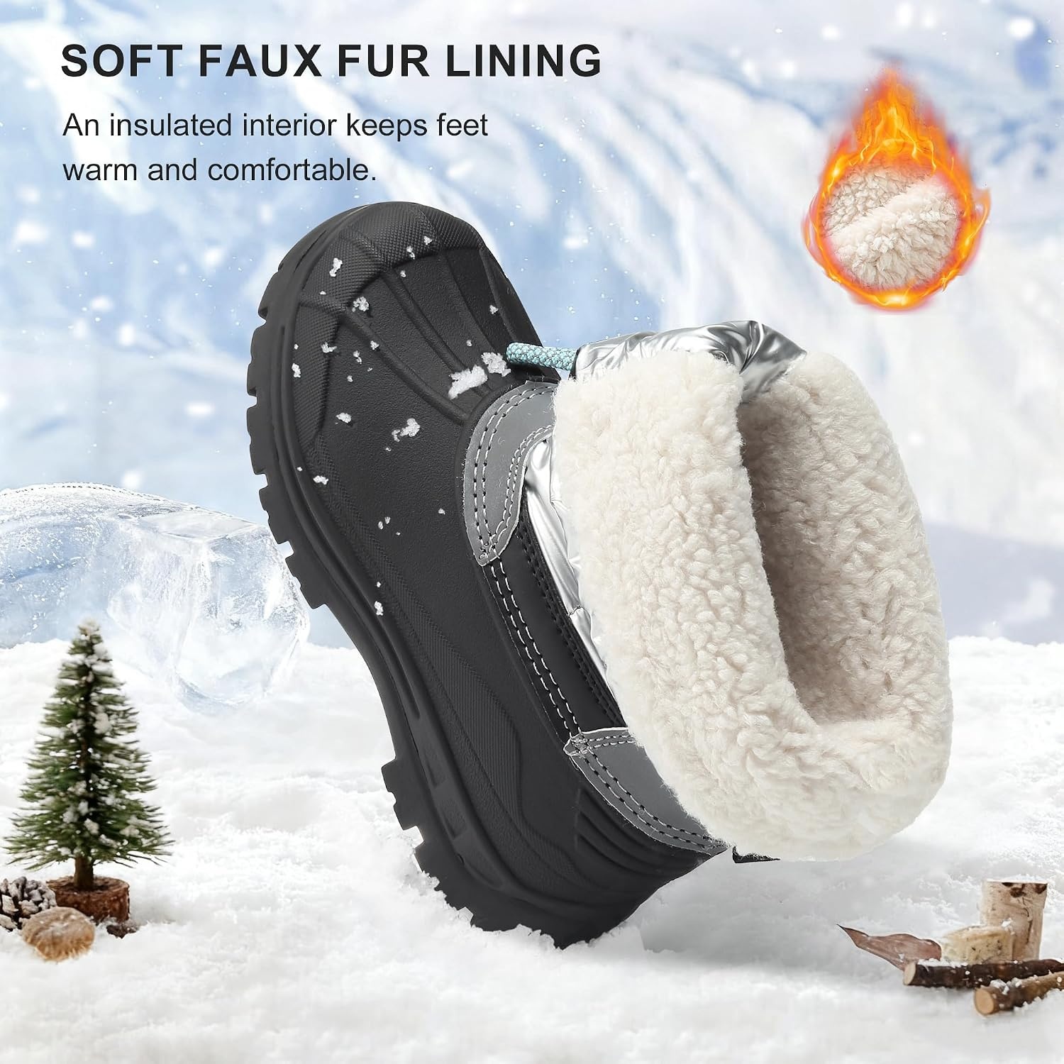 Stelle Boys Girls Snow Boots for Toddler Kids Winter Outdoor Non Slip Waterproof Mid Calf Warm Shoes with Fur Lined(Silver)