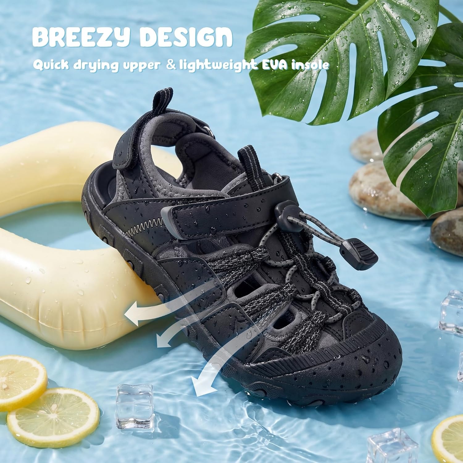 Stelle Boys Girls Closed-Toe Hiking Water Summer Sport Sandals | Adjustable Hook-and-Loop Straps Outdoor & Beach Play Non-Slip Traction Outsole Quick-Drying Materials Toddler to Big Kids(Black)