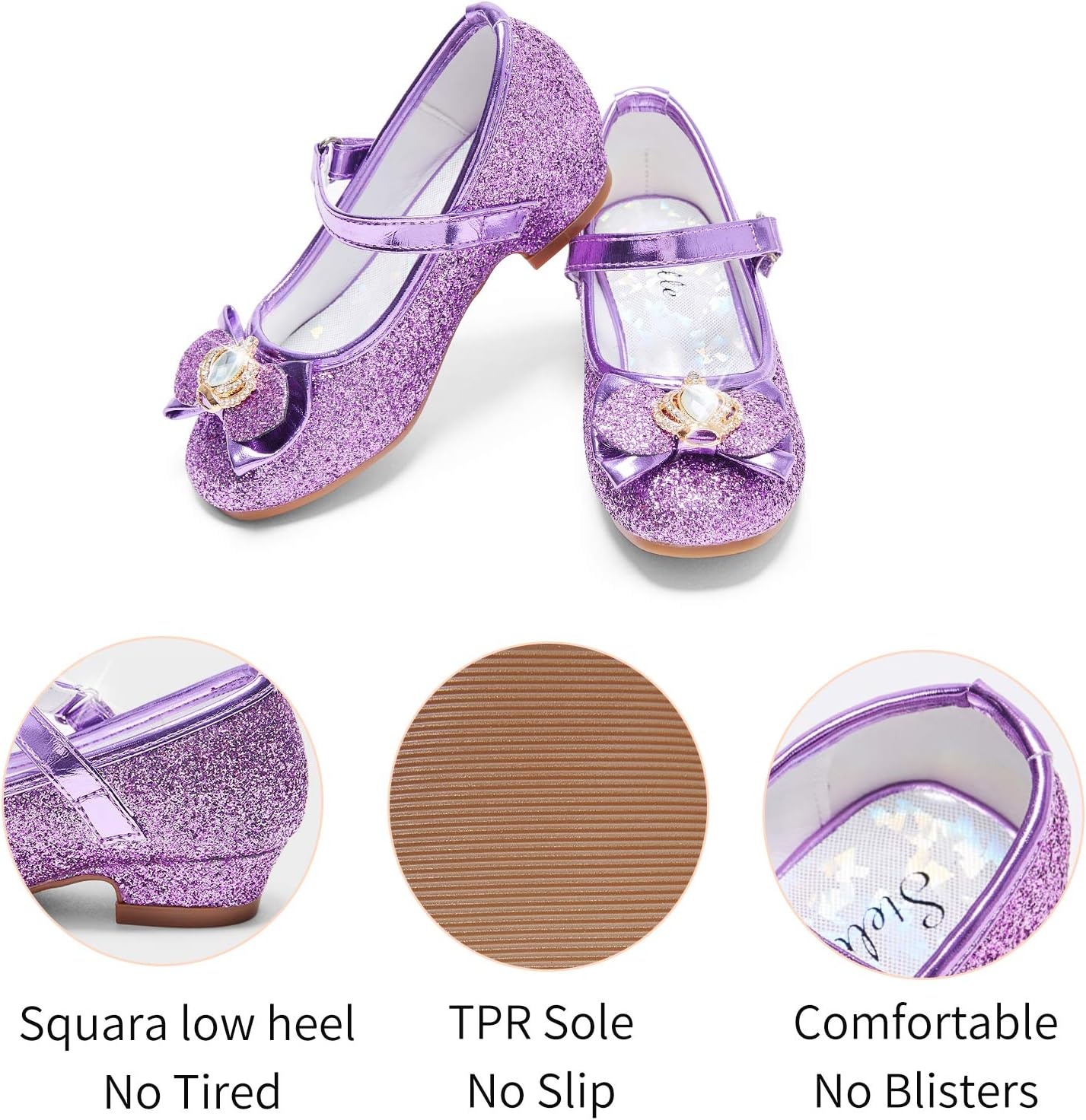 Stelle Girls Dress Shoes Glitter Princess Low Heels for Party Wedding Prom(T13-purple Glitter)