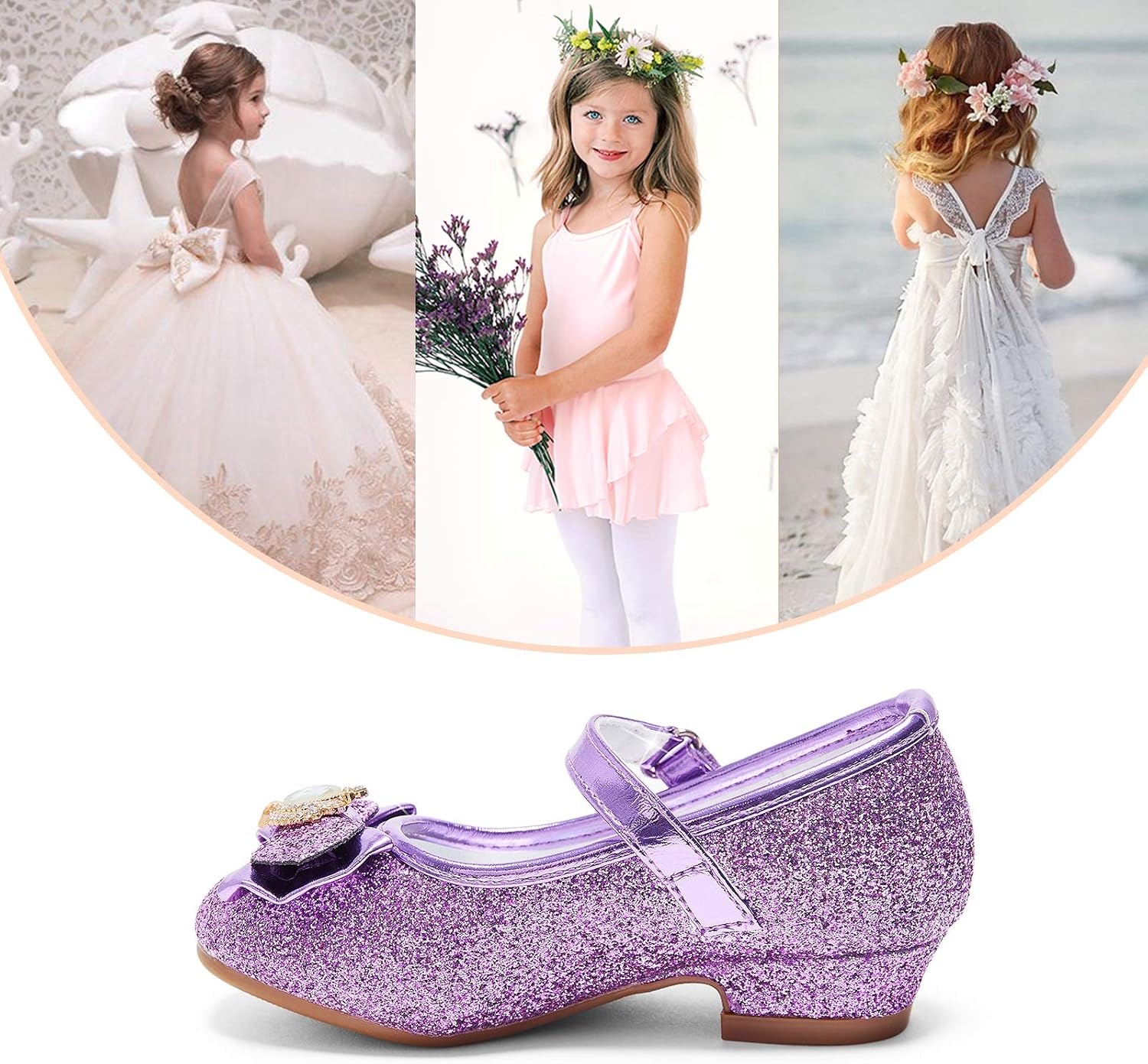 Stelle Girls Dress Shoes Glitter Princess Low Heels for Party Wedding Prom(T13-purple Glitter)