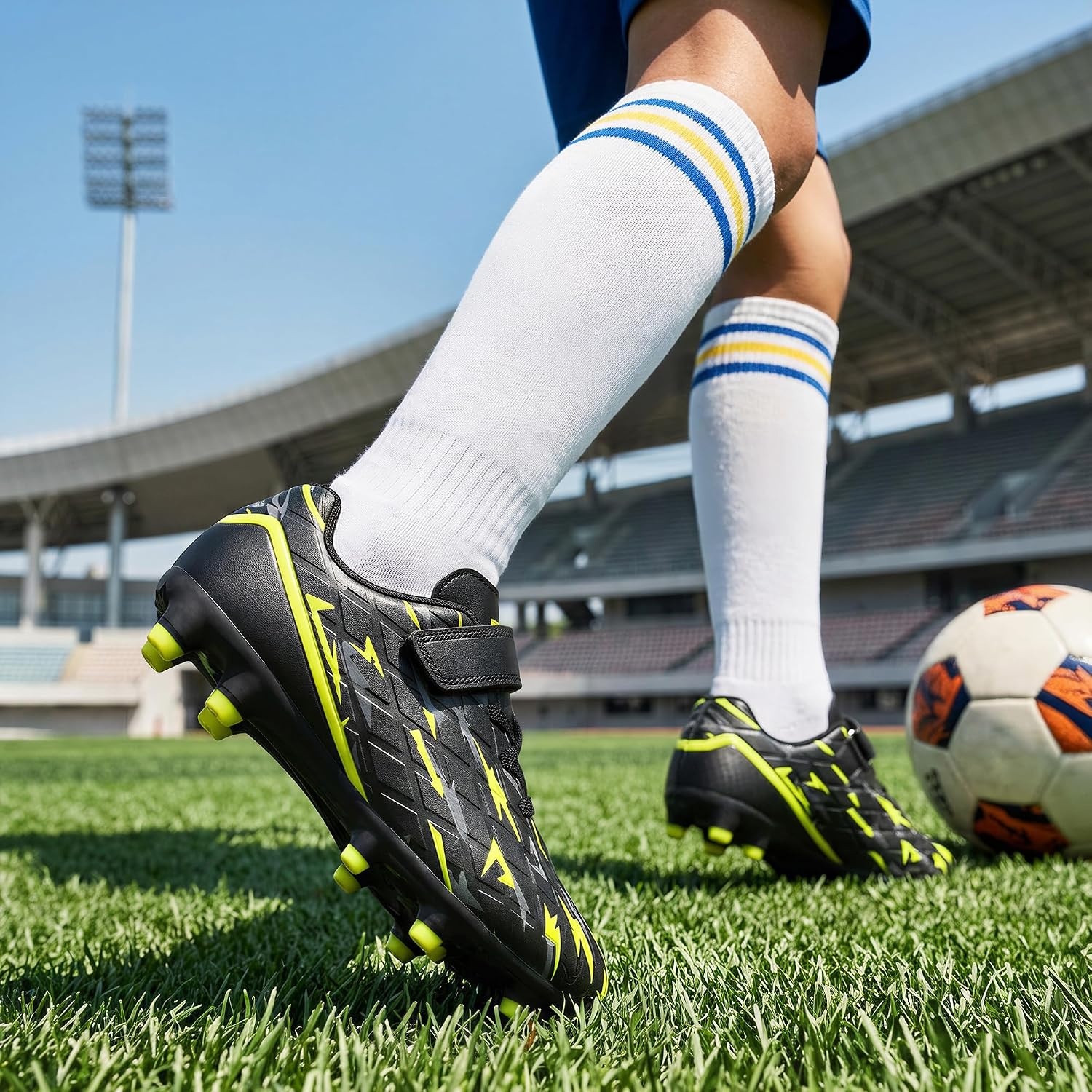 Stelle Boys Soccer Cleats for Kids Girls | Cushioned Comfort Breathable Lining Firm Ground Hook-and-Loop Strap Lightning Design Baseball&Softball Little to Big Kids(Black Bolt)