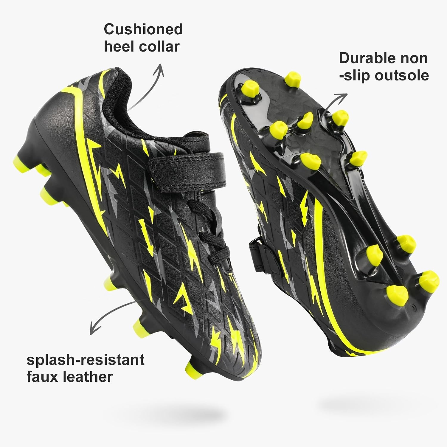 Stelle Boys Soccer Cleats for Kids Girls | Cushioned Comfort Breathable Lining Firm Ground Hook-and-Loop Strap Lightning Design Baseball&Softball Little to Big Kids(Black Bolt)