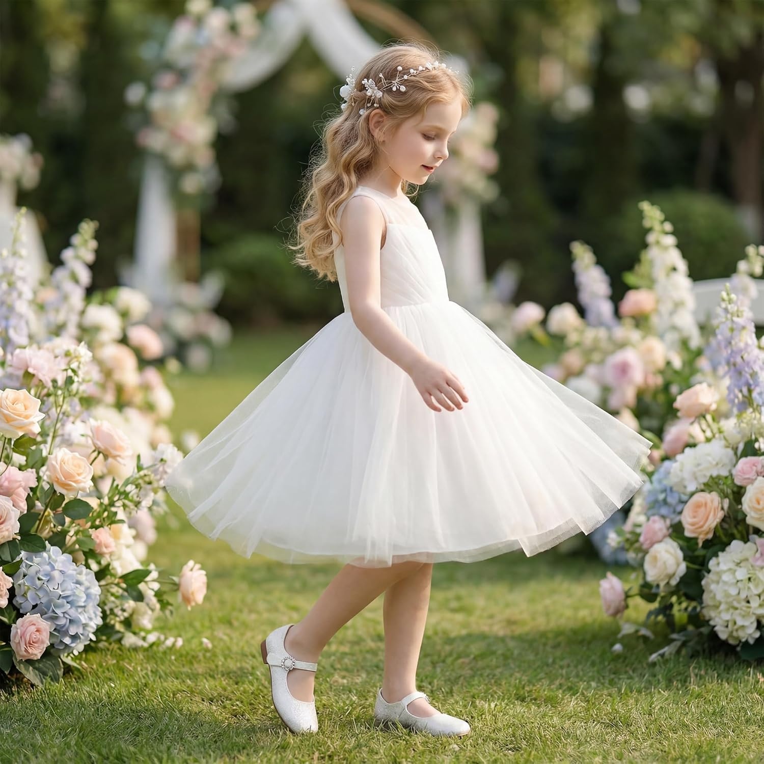 Stelle Girls Dress Shoes Rhinestone Buckle Mary Janes for School Wedding | Sparkle buckle detail, Hook-and-loop closure, Cushioned comfort, Flexible sole, Flower girl, Party, Flats, Low heels(Pearl Glimmer)