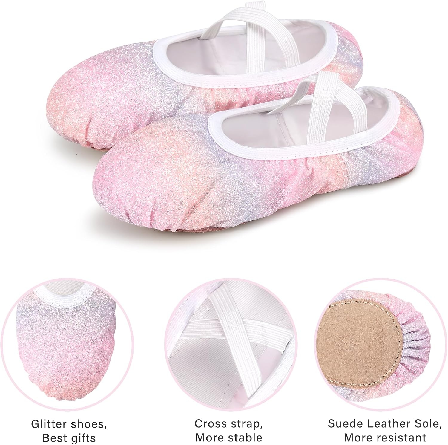 Stelle Ballet Slippers for Girls Glitter Metallic Vegan Leather Full Sole | Ballet shoes for girls, Ballerina slippers, Crisscross elastic straps, Suede full outsole, Recitals, Costumes(Pink Ombre)