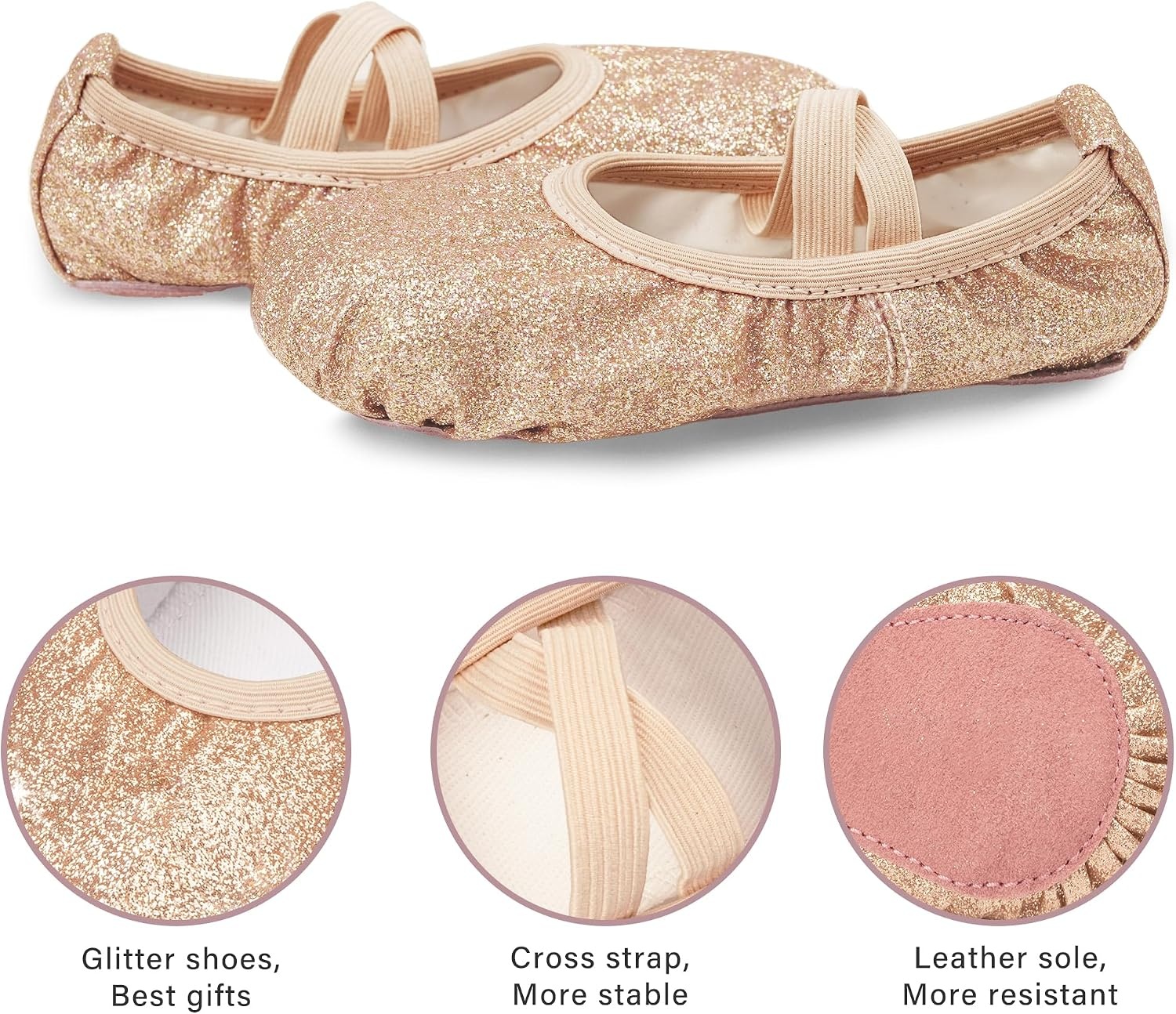 Stelle Ballet Slippers for Girls Glitter Metallic Vegan Leather Full Sole(Gold Glitter)