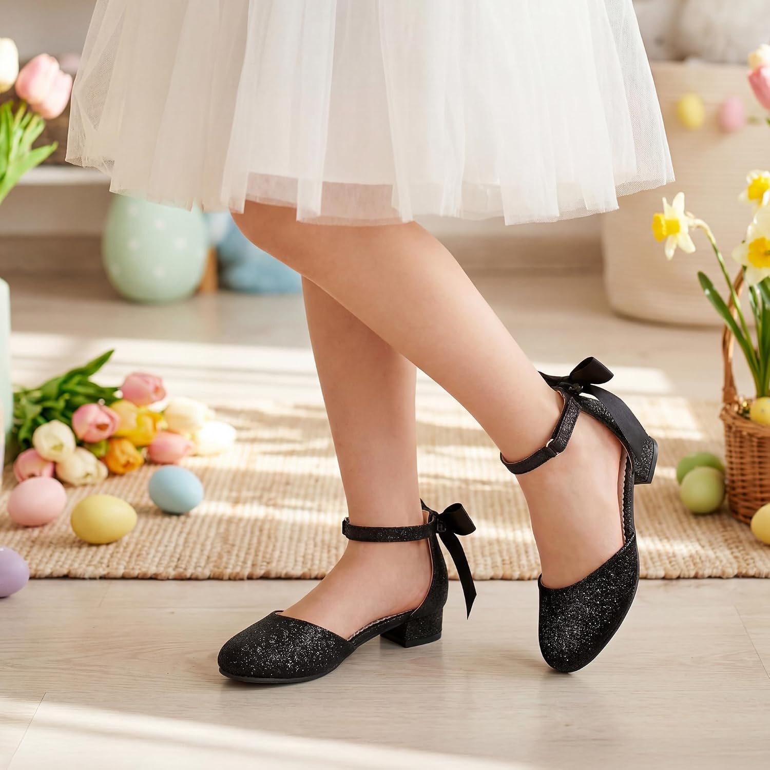 Stelle Girls Low Heel Dress Shoes with Detachable Bow for Wedding Party | Removable bow, Princess shoes, Flower girl, Dress occasions, PU finish, Glitter finish, Ankle Strap, Closed Toe, Toddler(Black Glitter)