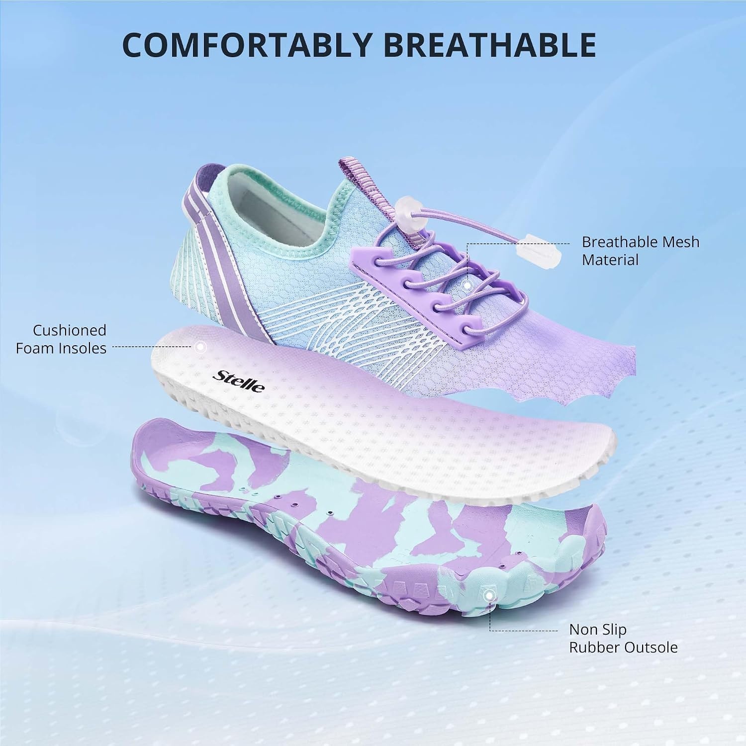 Stelle Womens Water Shoes for Men Adult Aqua Shoes for Swim River | Hiking Beach Boat Pool Quick-Dry Mesh Barefoot Non-Slip Rubber Outsole Lightweight Easy-On Pull Tabs Water Sports(Lavender Ombre)
