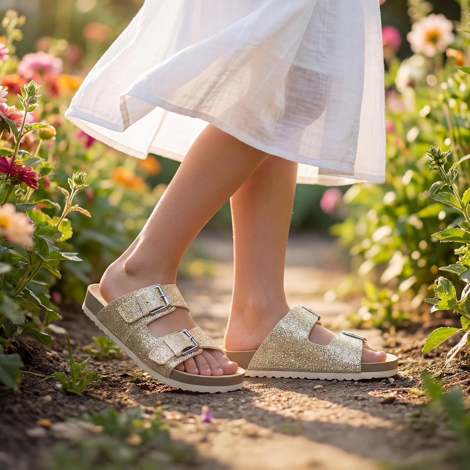 Stelle Girls Sandals Kids Slide Summer Shoes Slip on Slippers with Adjustable Straps(Gold)