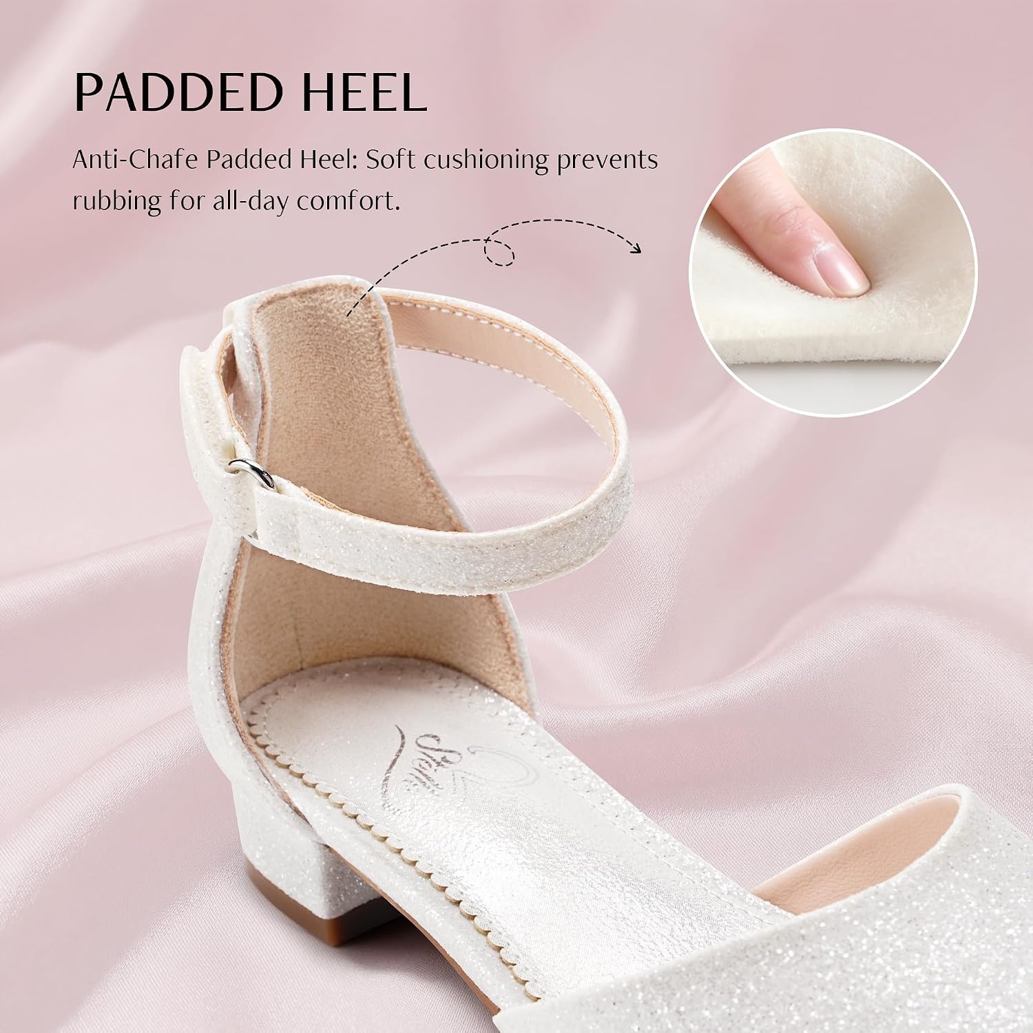 Stelle Girls Low Heel Dress Shoes with Detachable Bow for Wedding Party | Removable bow, Princess shoes, Flower girl, Dress occasions, PU finish, Glitter finish, Ankle Strap, Closed Toe, Toddler(White Glitter)