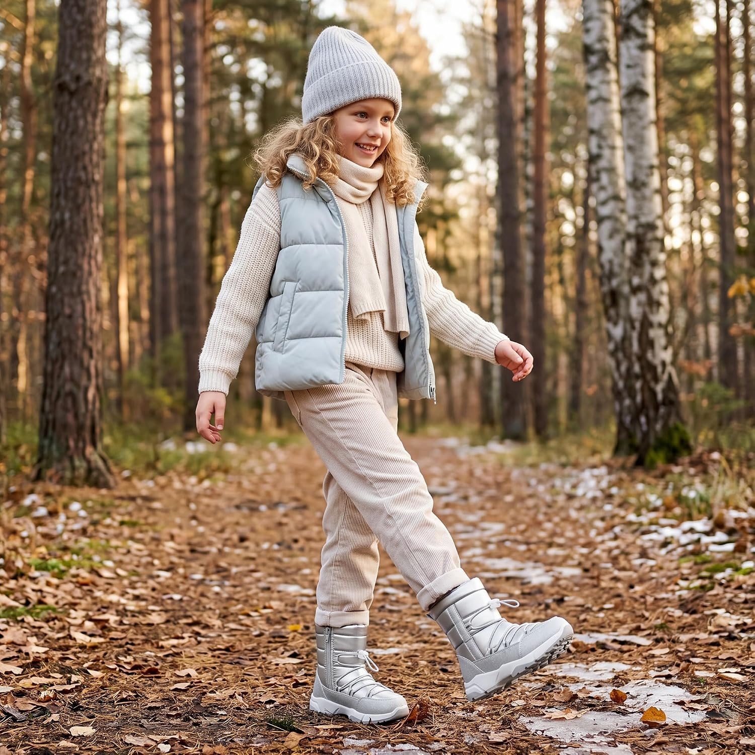 Stelle Girls Snow Boots with Side Zipper Kids Warm Winter Boots(Silver)