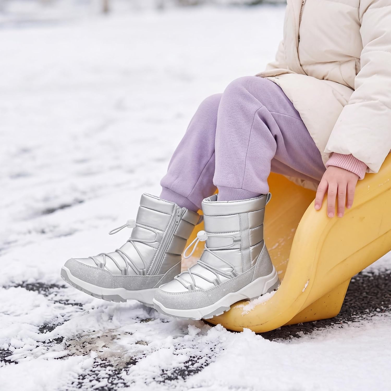 Stelle Girls Snow Boots with Side Zipper Kids Warm Winter Boots(Silver)