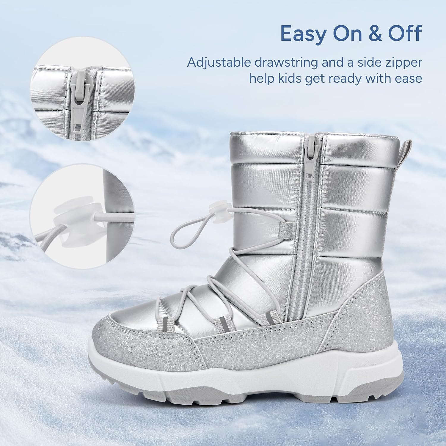 Stelle Girls Snow Boots with Side Zipper Kids Warm Winter Boots(Silver)