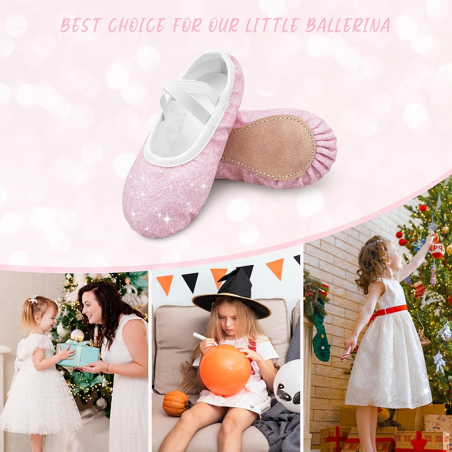 Stelle Ballet Slippers for Girls Glitter Metallic Vegan Leather Full Sole(Dusty Pink)