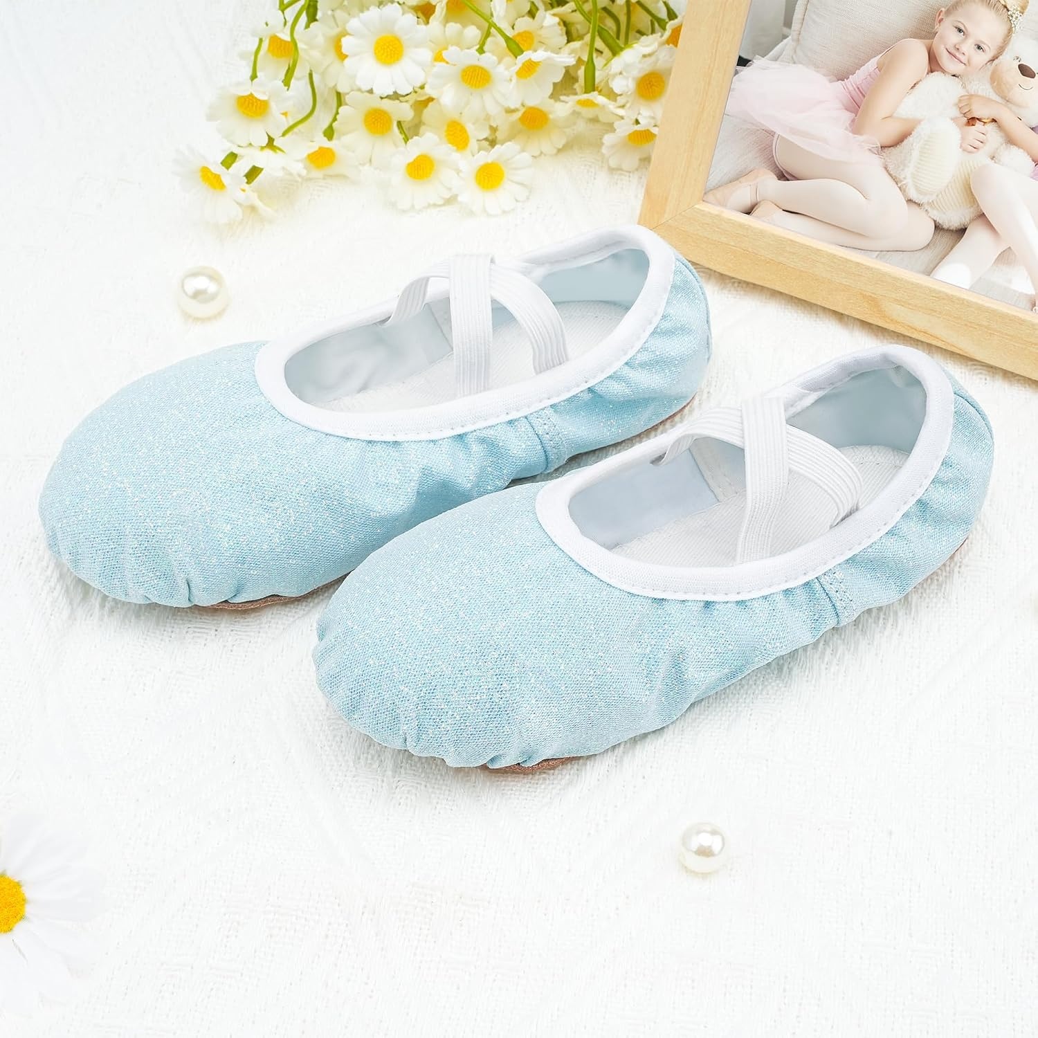 Stelle Ballet Slippers for Girls Glitter Metallic Vegan Leather Full Sole(Blue Glitter)