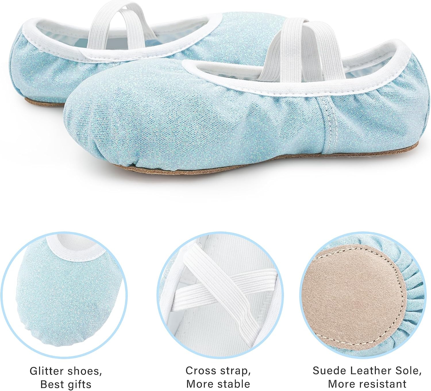 Stelle Ballet Slippers for Girls Glitter Metallic Vegan Leather Full Sole(Blue Glitter)