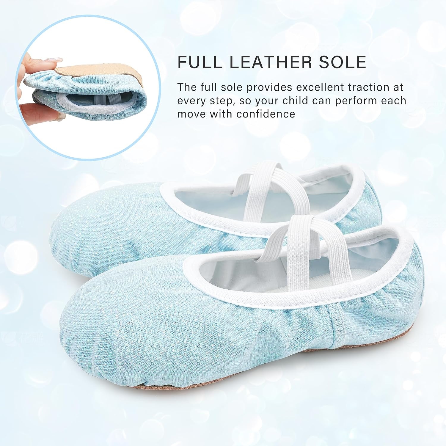 Stelle Ballet Slippers for Girls Glitter Metallic Vegan Leather Full Sole(Blue Glitter)