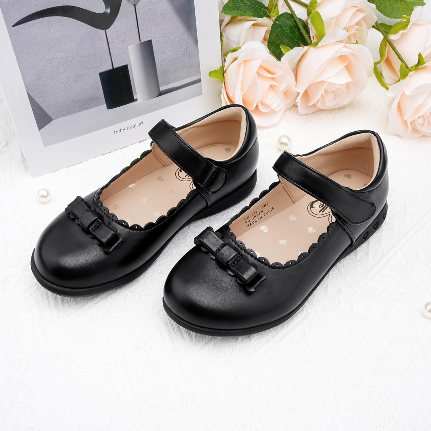 Stelle School Shoes for Girls Bow Mary Jane Dress Shoes | Scalloped edge detail, Cushioned insole, Flexible outsole, Hook-and-loop strap, Comfortable all-day wear(Black)