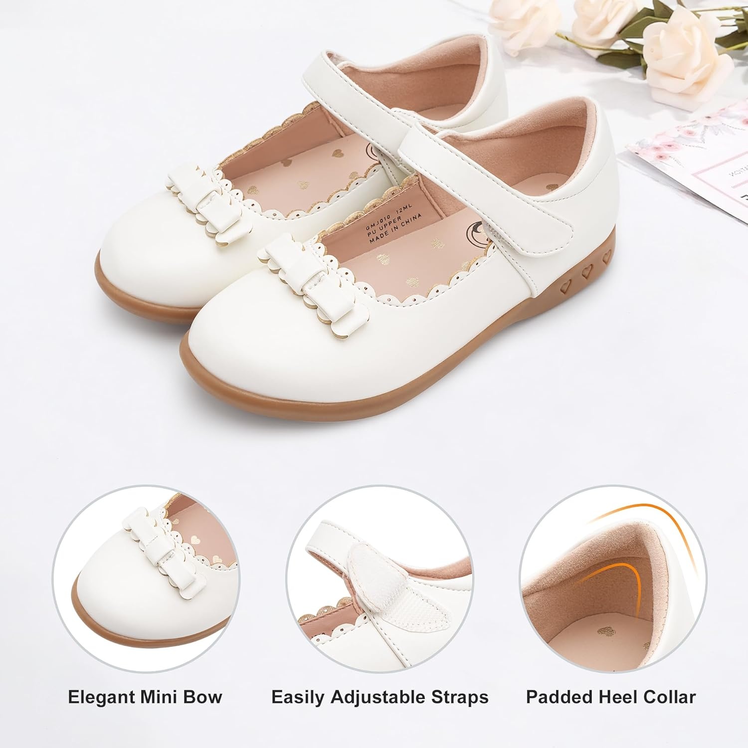 Stelle School Shoes for Girls Bow Mary Jane Dress Shoes | Scalloped edge detail, Cushioned insole, Flexible outsole, Hook-and-loop strap, Comfortable all-day wear(White)