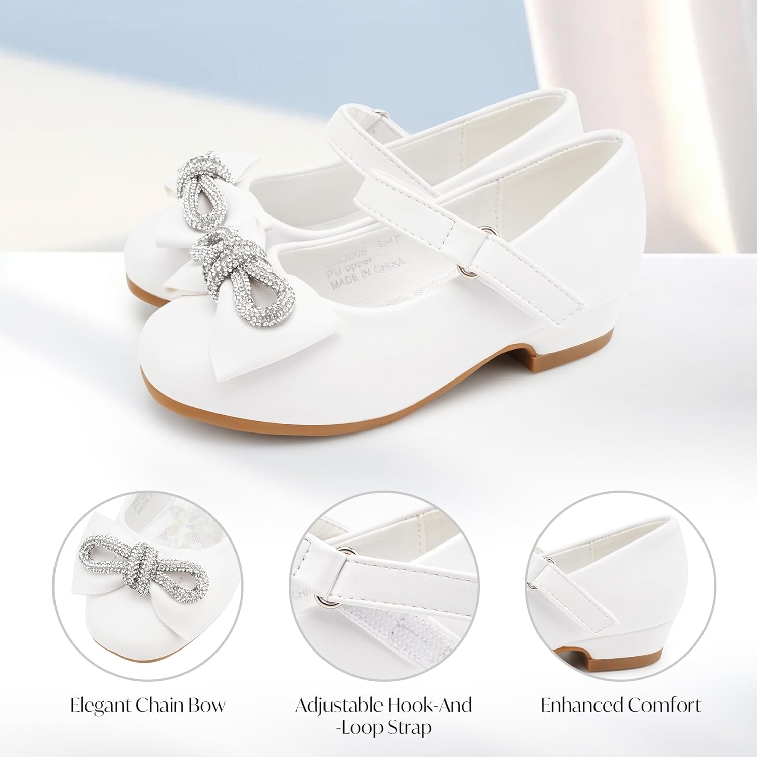 Stelle Dress Shoes for Girls Rhinestone Bow Low Heels for Wedding Party(White)