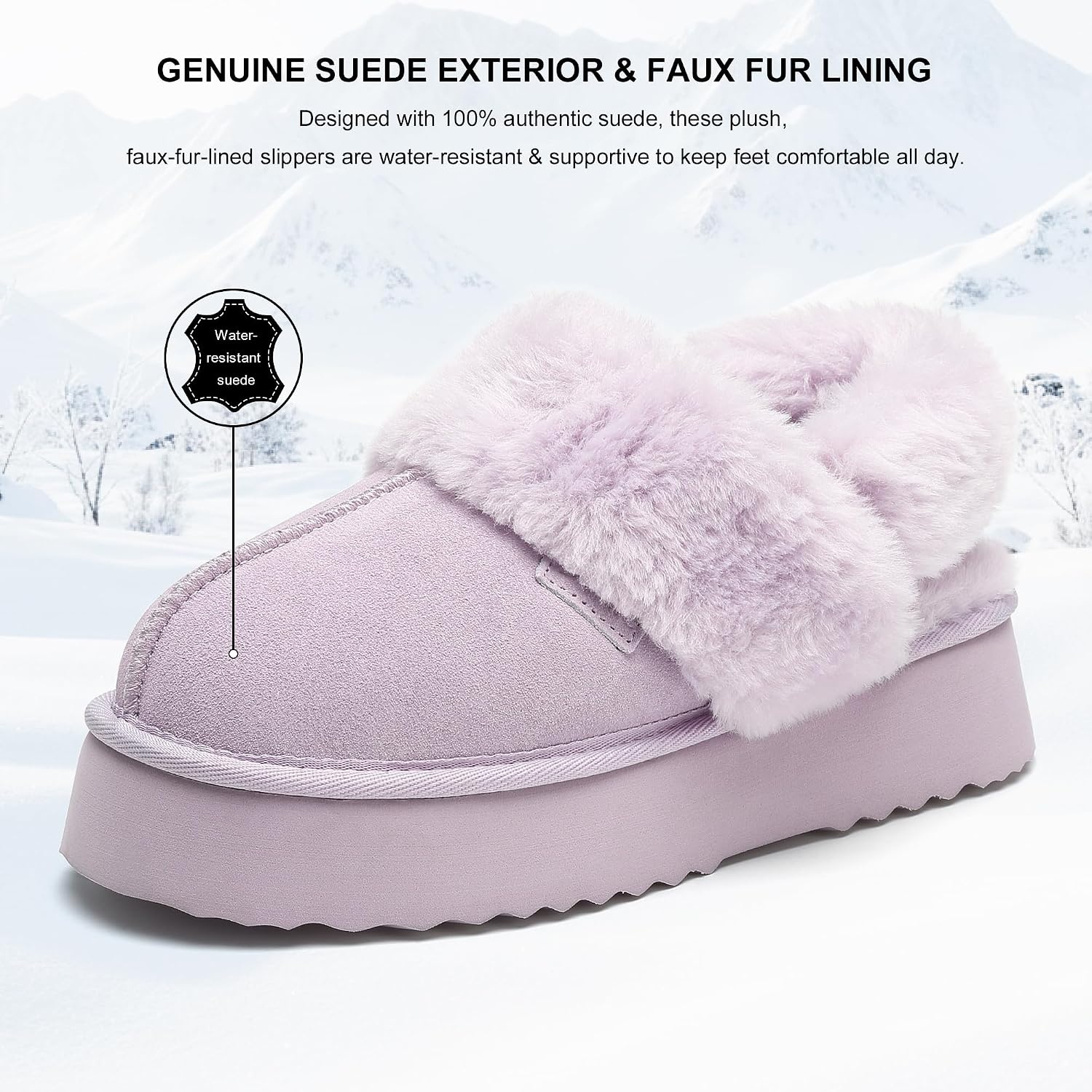 Stelle Genuine Suede Platform Slippers for Women Removable Backstrap Memory Foam Indoor Outdoor Water-Resistant(Lilac)