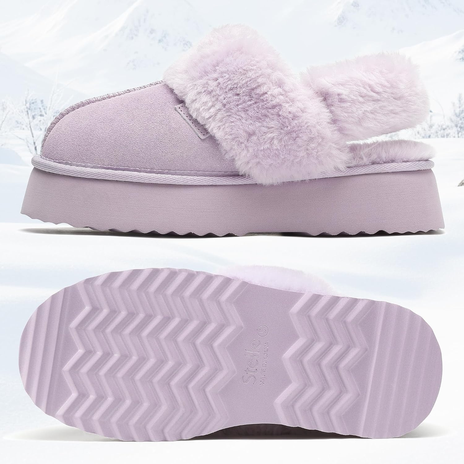 Stelle Genuine Suede Platform Slippers for Women Removable Backstrap Memory Foam Indoor Outdoor Water-Resistant(Lilac)