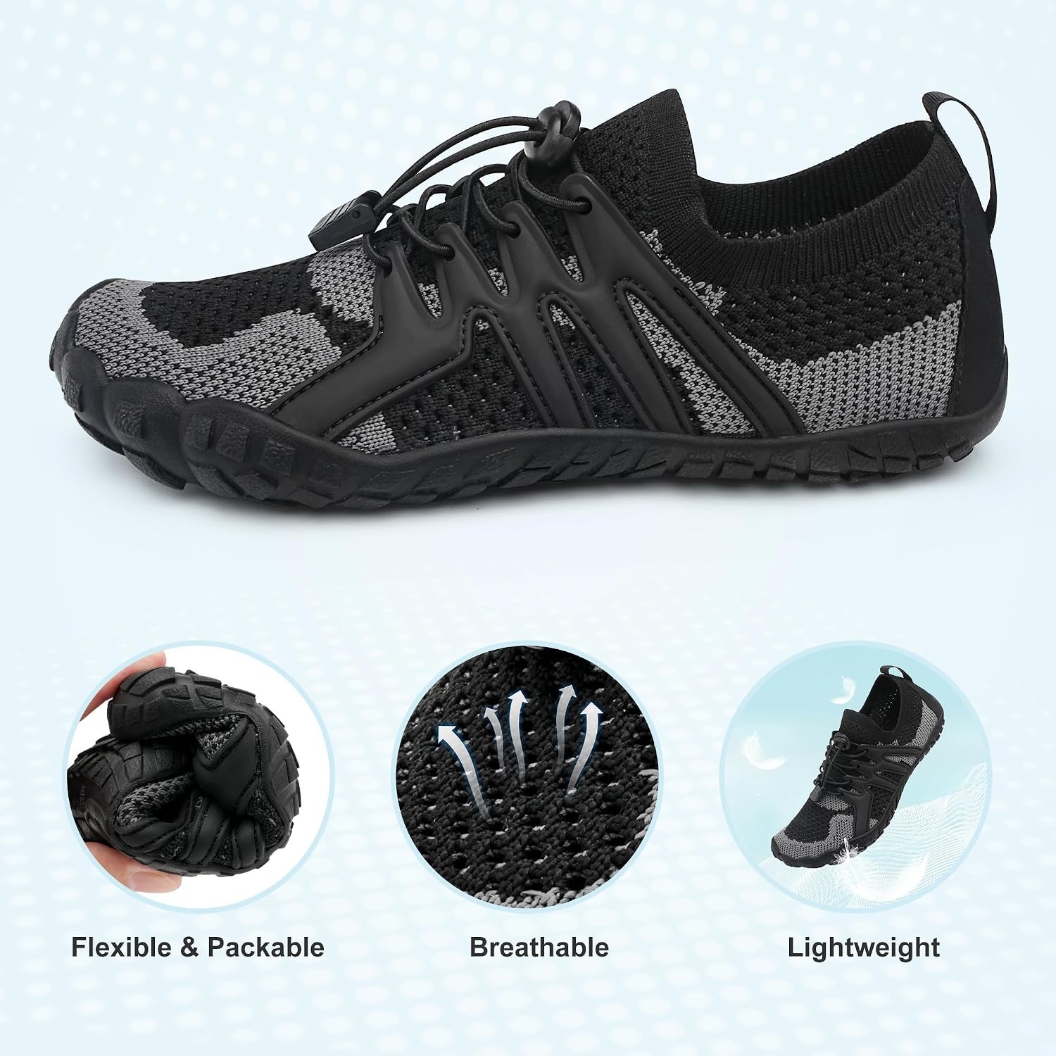 Stelle Water Shoes for Women Barefoot Aqua Shoes for River Swim | Hiking Beach Pool Boating Yoga Quick-Dry Mesh Lightweight Non-Slip Outsole Easy-On Pull Tabs Water Shoes for Adult Men(Black)