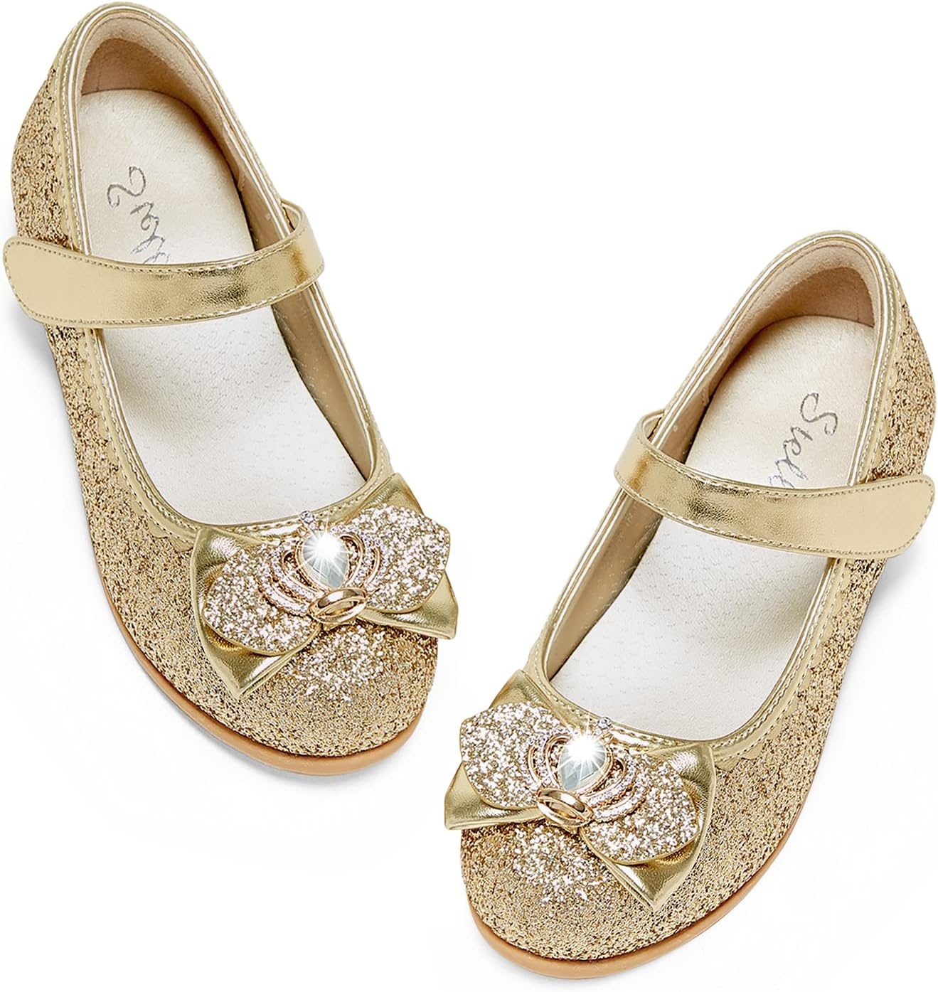 Stelle Girls Dress Shoes Glitter Princess Low Heels for Party Wedding Prom(T16-gold Glitter)