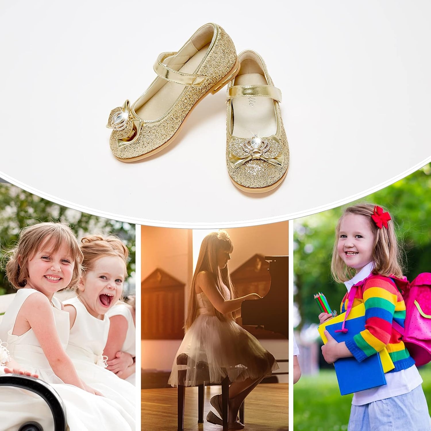 Stelle Girls Dress Shoes Glitter Princess Low Heels for Party Wedding Prom(T16-gold Glitter)