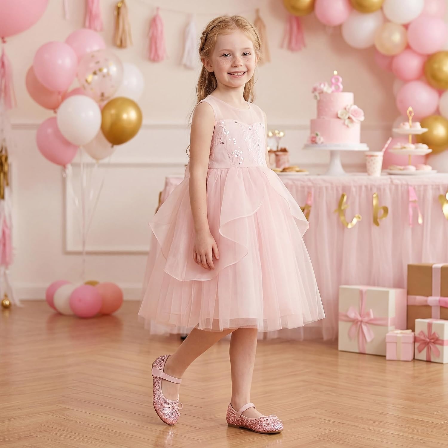 Stelle Girls Dress Shoes Toddler Flower Wedding Party Shoes Mary Jane School Flats(Toddler/Little Kids/Big Kids)(1-pink)