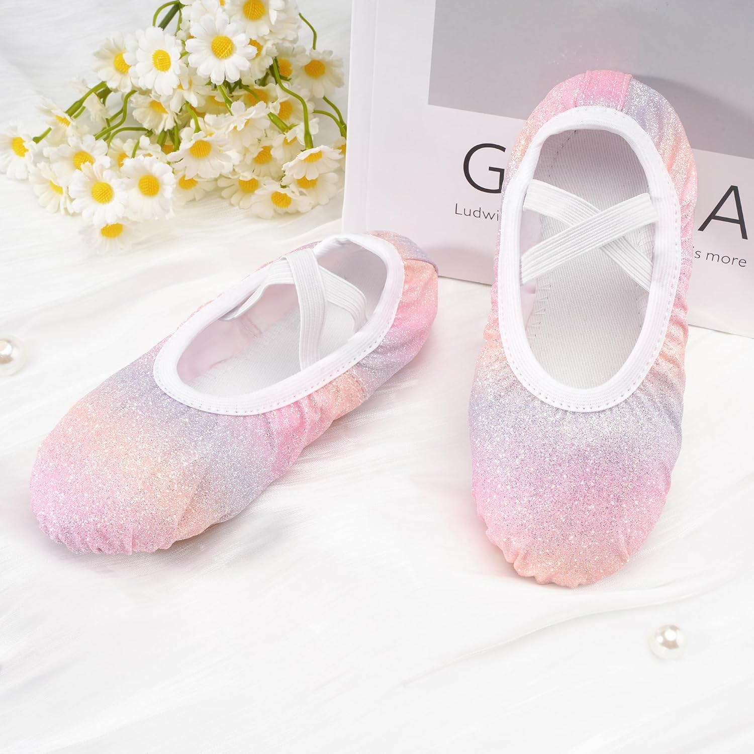 Stelle Ballet Slippers for Girls Glitter Metallic Vegan Leather Full Sole(Pink Ombre)