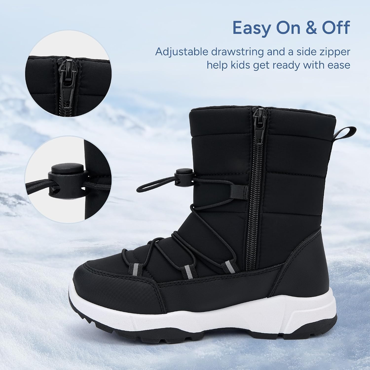Stelle Girls Snow Boots with Side Zipper Kids Warm Winter Boots(Black)