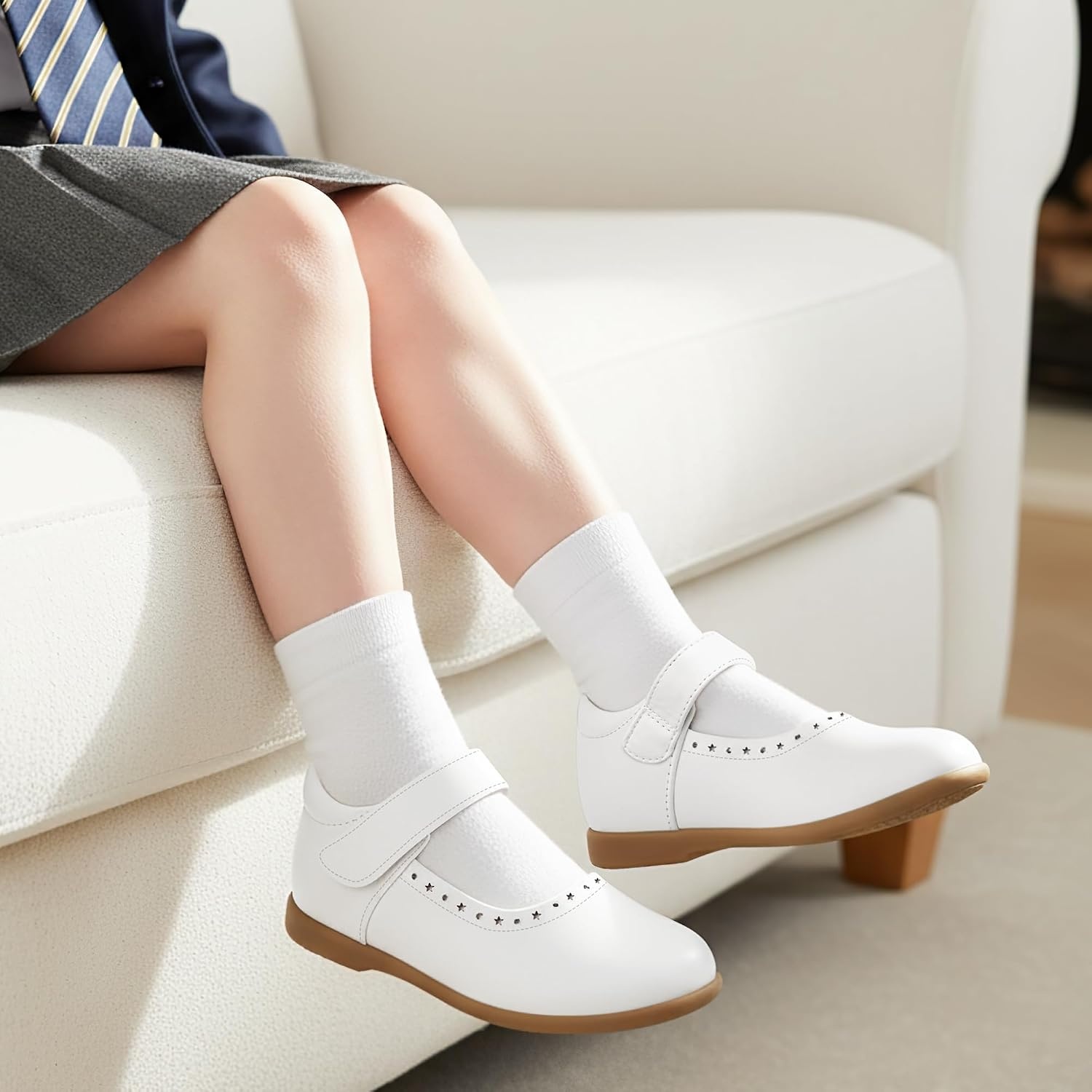 Stelle Mary Jane Shoes for Girls School Uniform Flats Dress Shoes Church for Little/Big Kids | Breathable upper, Hook-and-loop strap, Cushioned comfort, Flexible outsole, Uniform, Party, Dress occasions(White)
