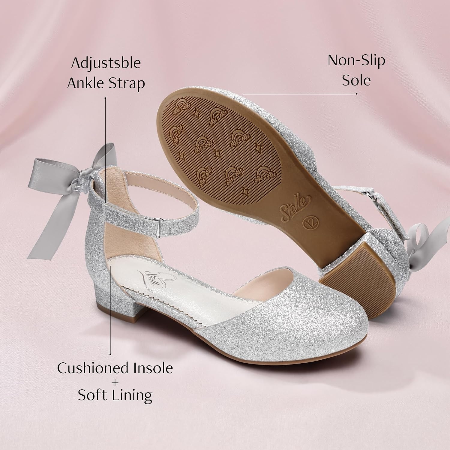 Stelle Girls Low Heel Dress Shoes with Detachable Bow for Wedding Party | Removable bow, Princess shoes, Flower girl, Dress occasions, PU finish, Glitter finish, Ankle Strap, Closed Toe, Toddler(Silver)