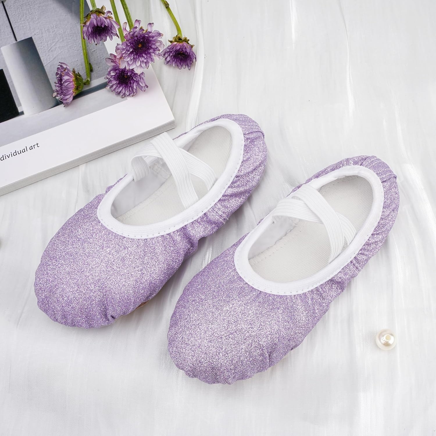 Stelle Ballet Slippers for Girls Glitter Metallic Vegan Leather Full Sole(Purple Glitter)