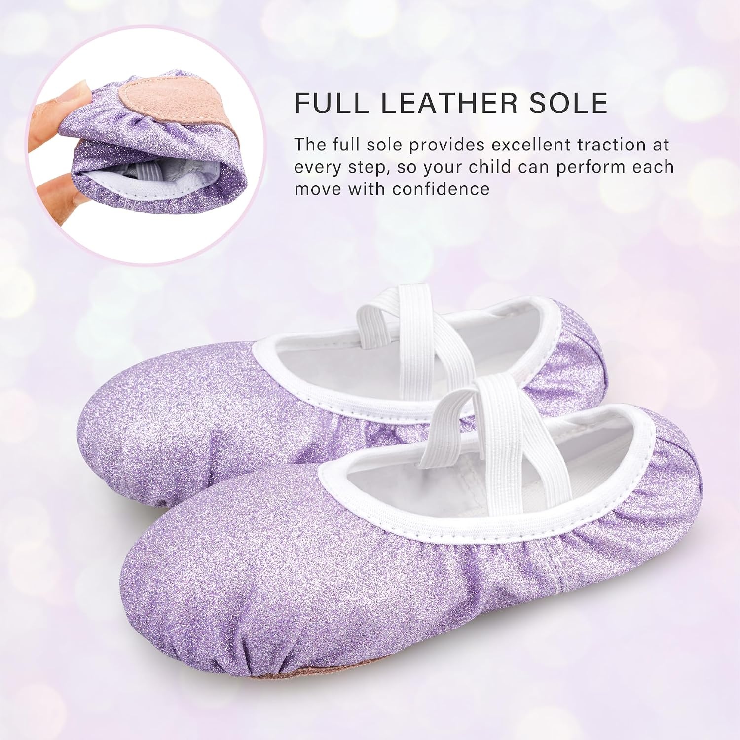 Stelle Ballet Slippers for Girls Glitter Metallic Vegan Leather Full Sole(Purple Glitter)