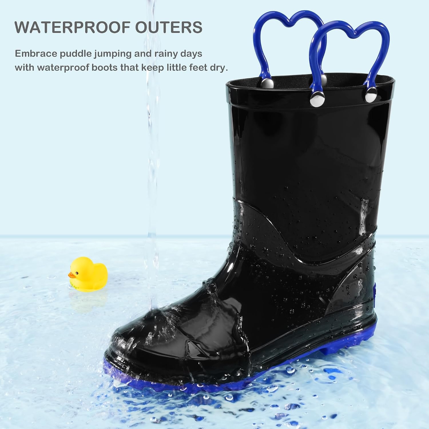 Stelle Girls Rain Boots with Easy-On Handles Kids Boys Boots(Black)