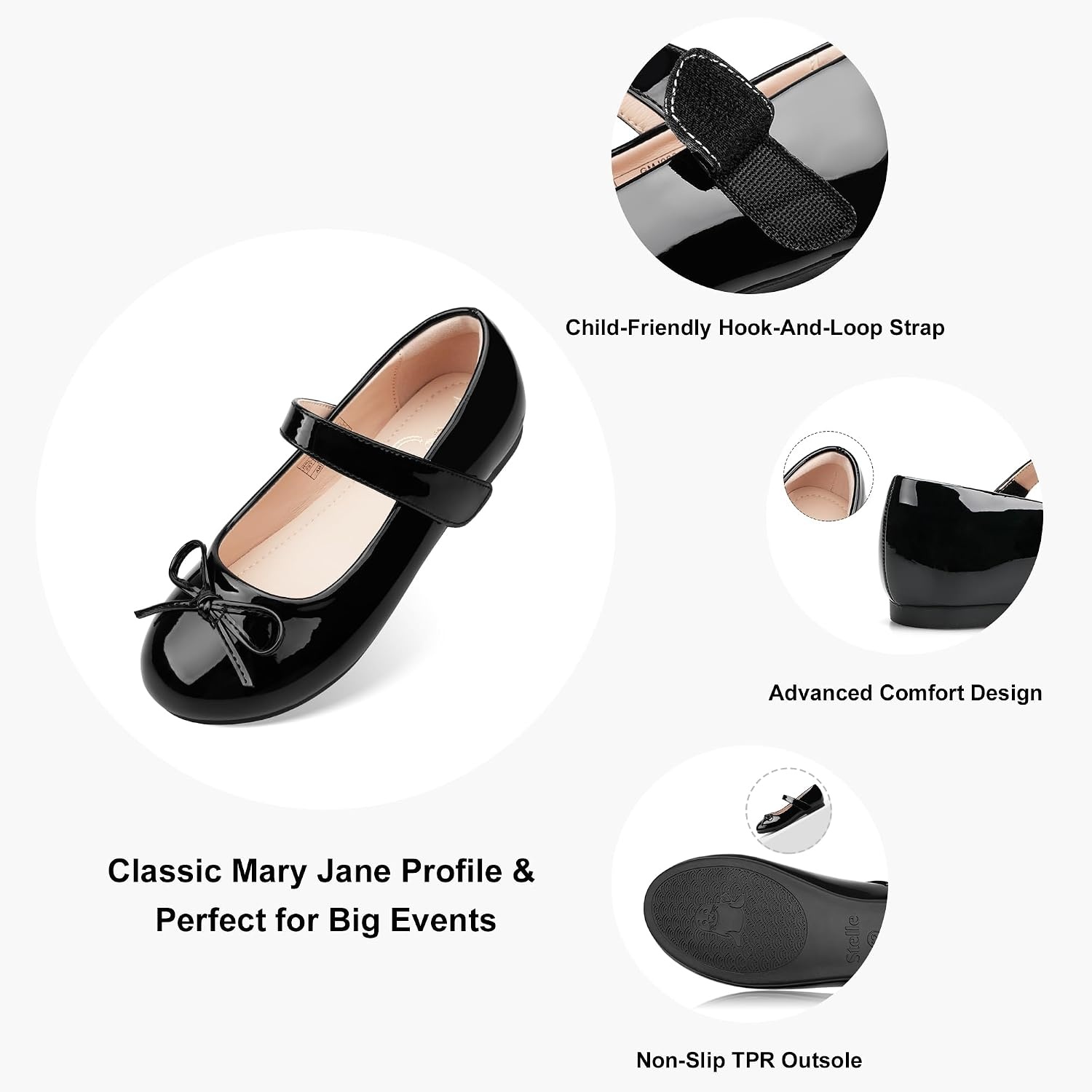 Stelle Girls Dress Shoes Toddler Flower Wedding Party Shoes Mary Jane School Flats(Toddler/Little Kids/Big Kids)(1-black)