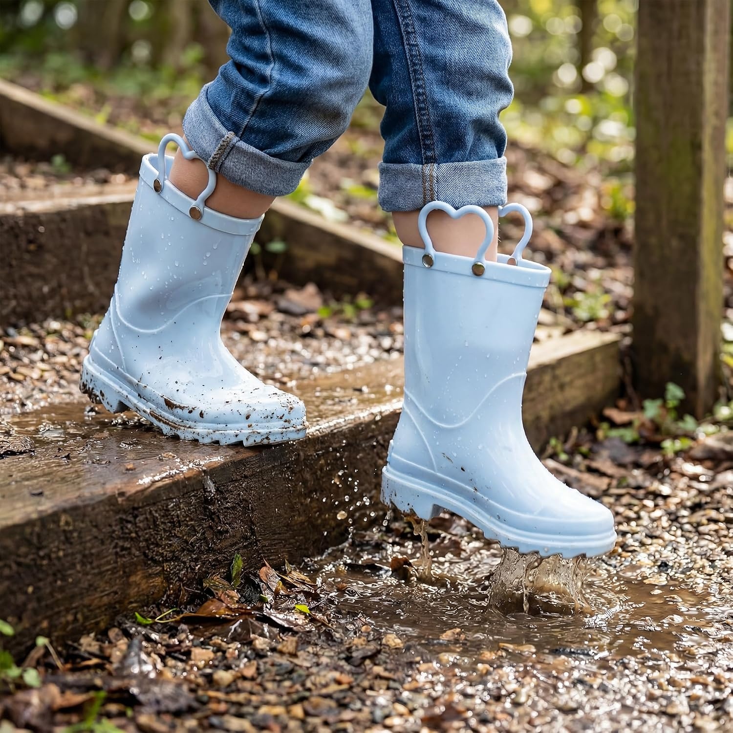 Stelle Girls Rain Boots with Easy-On Handles Kids Boys Boots(Light Blue)