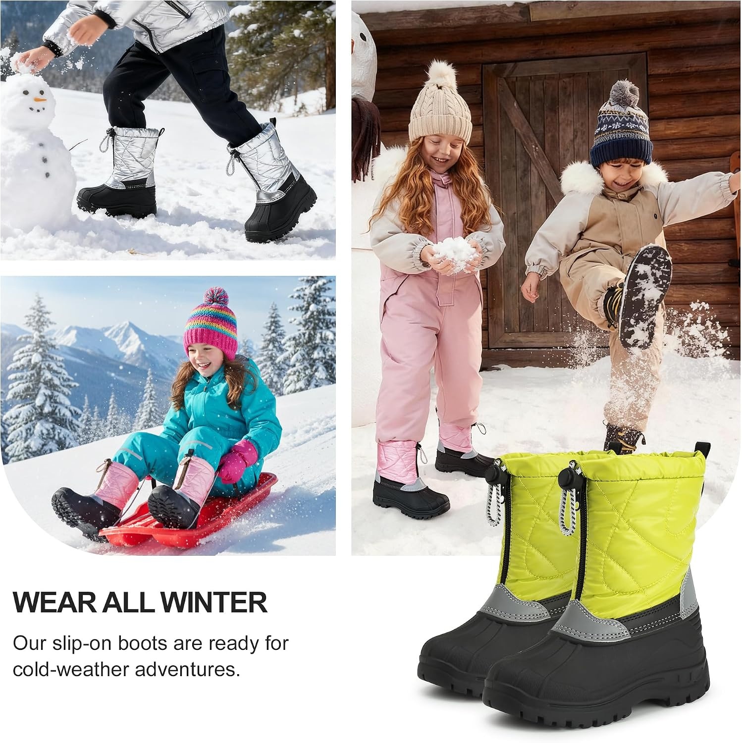 Stelle Girls Snow Boots with Zipper Kids Boys Winter Outdoor Boots(Neon Green)